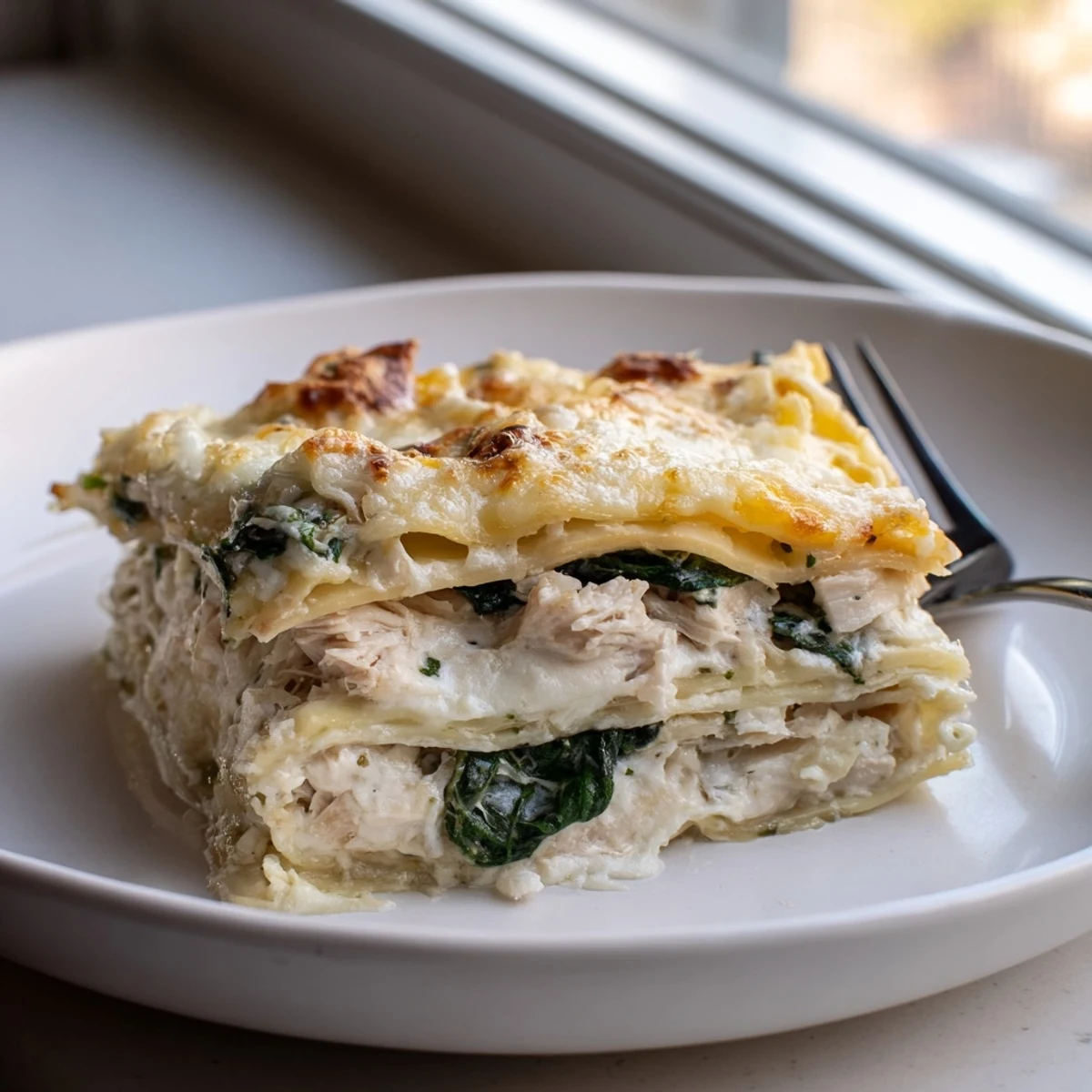 White chicken lasagna layered with tender chicken, spinach, and a velvety white sauce