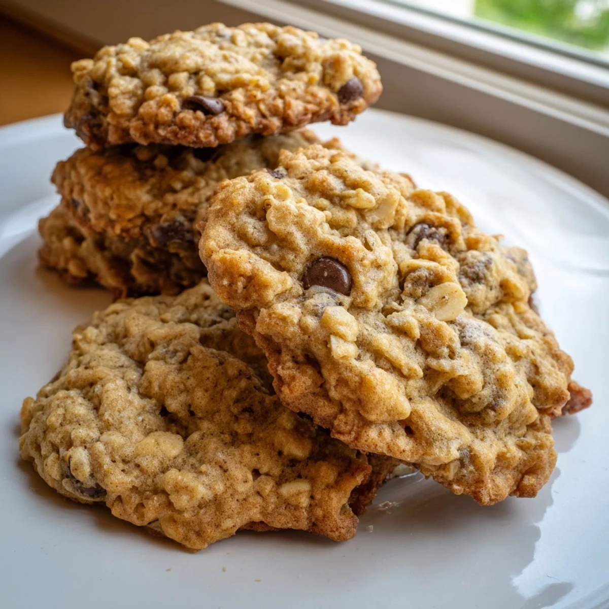 Soft chewy banana oatmeal cookies with oats and chocolate chips stacked