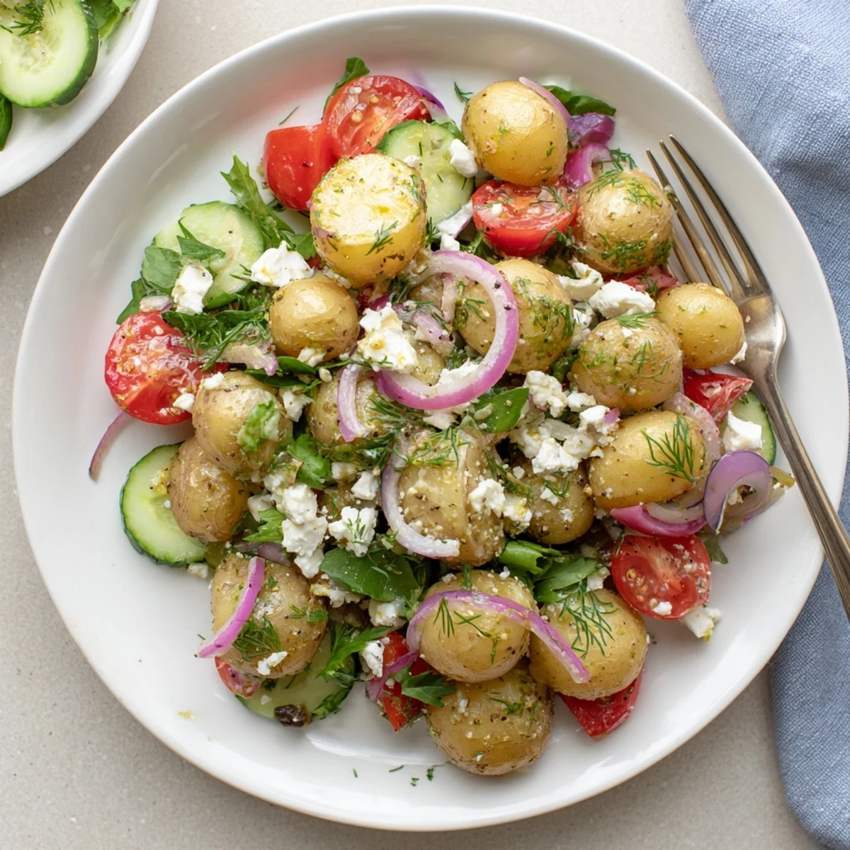 Creamy potato and feta salad topped with fresh dill and crumbled cheese