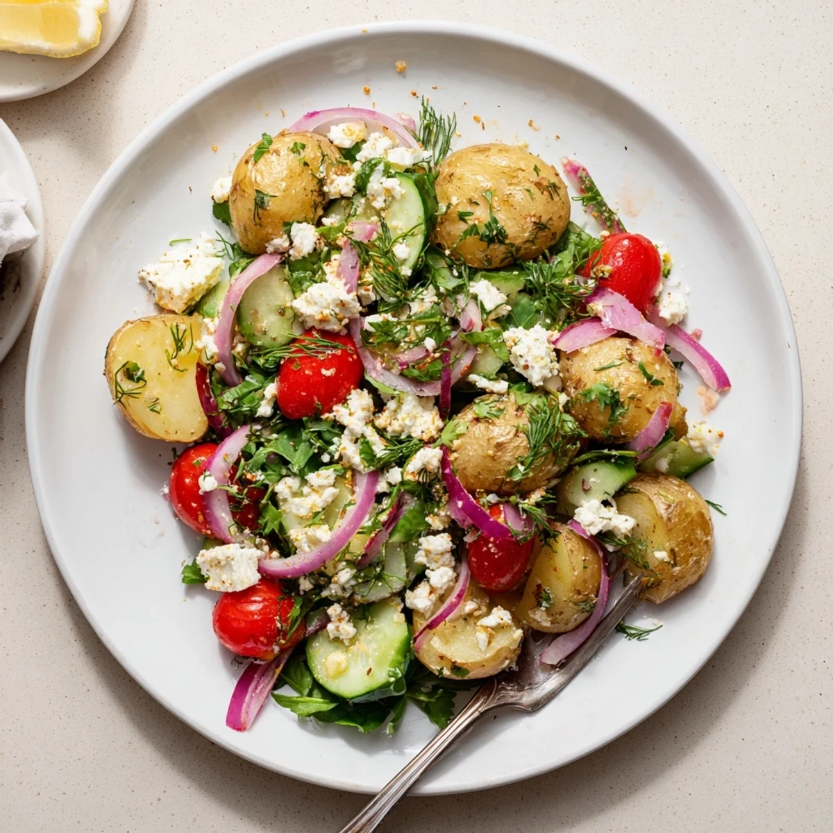 Warm potato and feta salad tossed with cherry tomatoes and tangy dressing