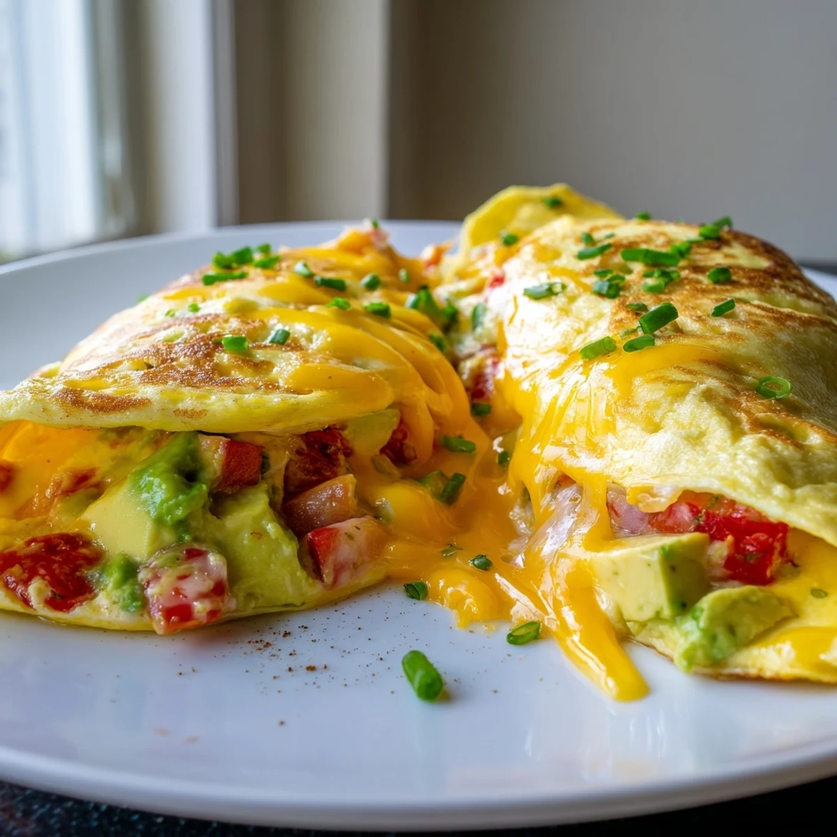 Golden creamy avocado cheesy tomato omelette folded on a white breakfast plate