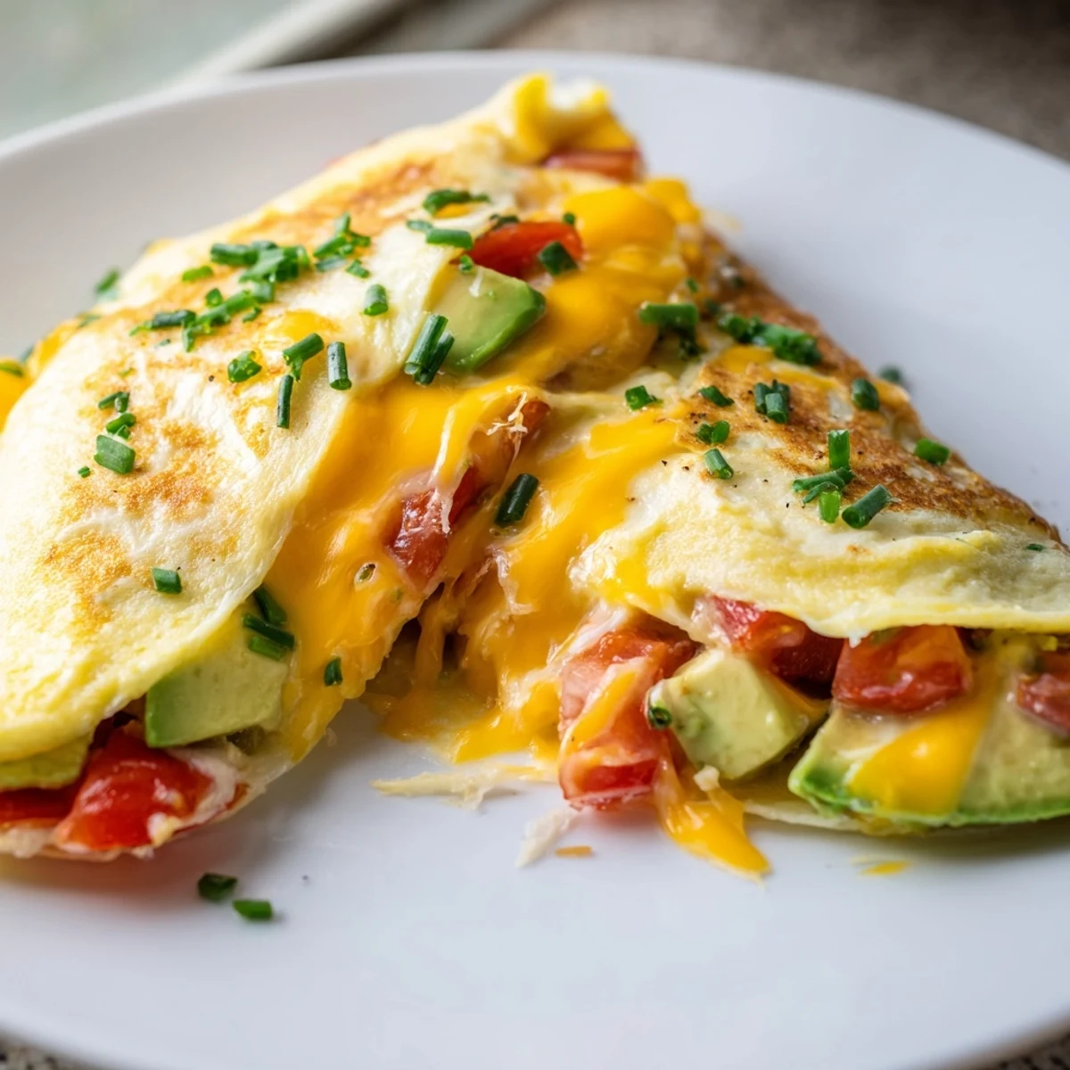 Melted cheddar and ripe avocado oozing from a creamy cheesy tomato omelette