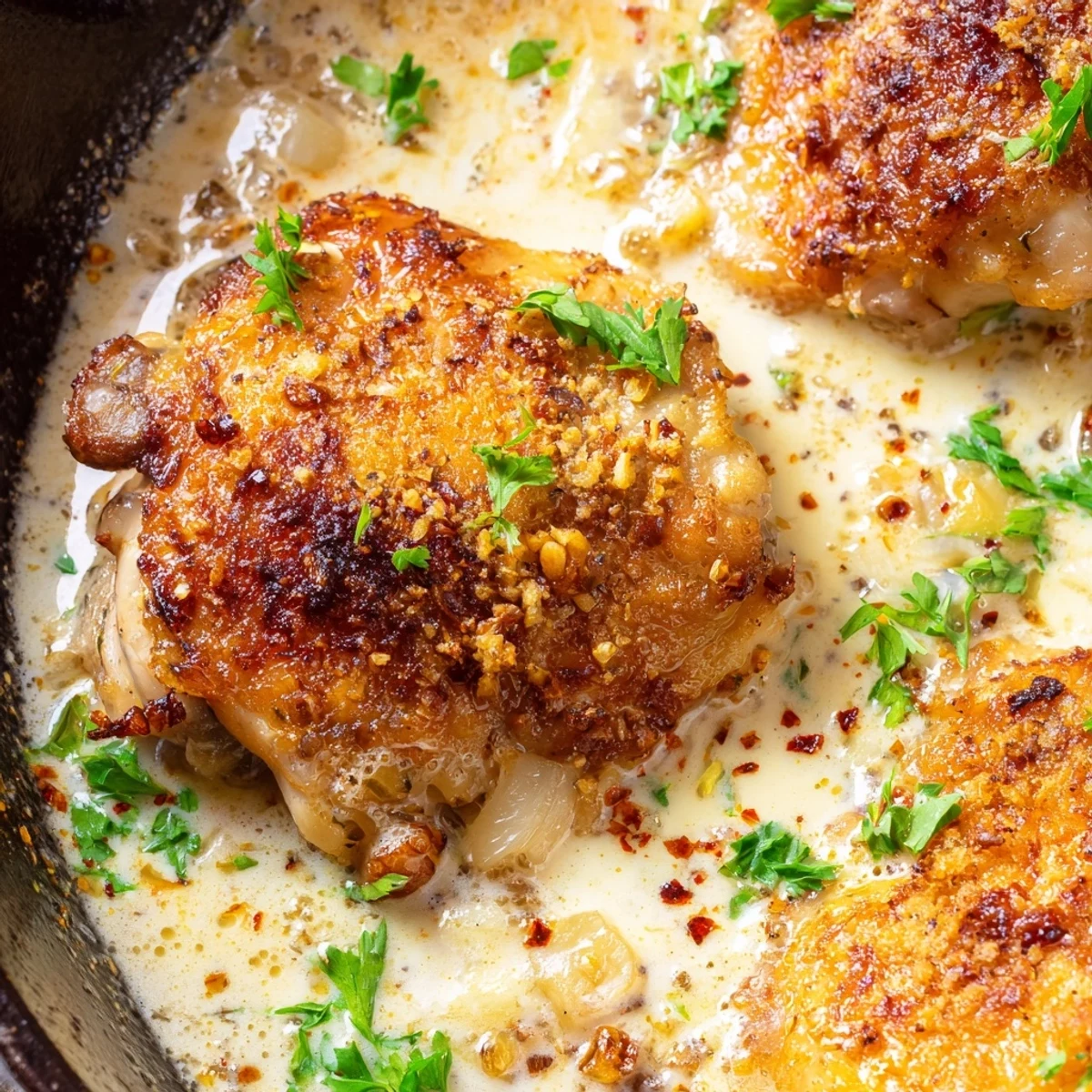 Golden crispy chicken thighs nestled in a creamy garlic Parmesan sauce straight from the oven