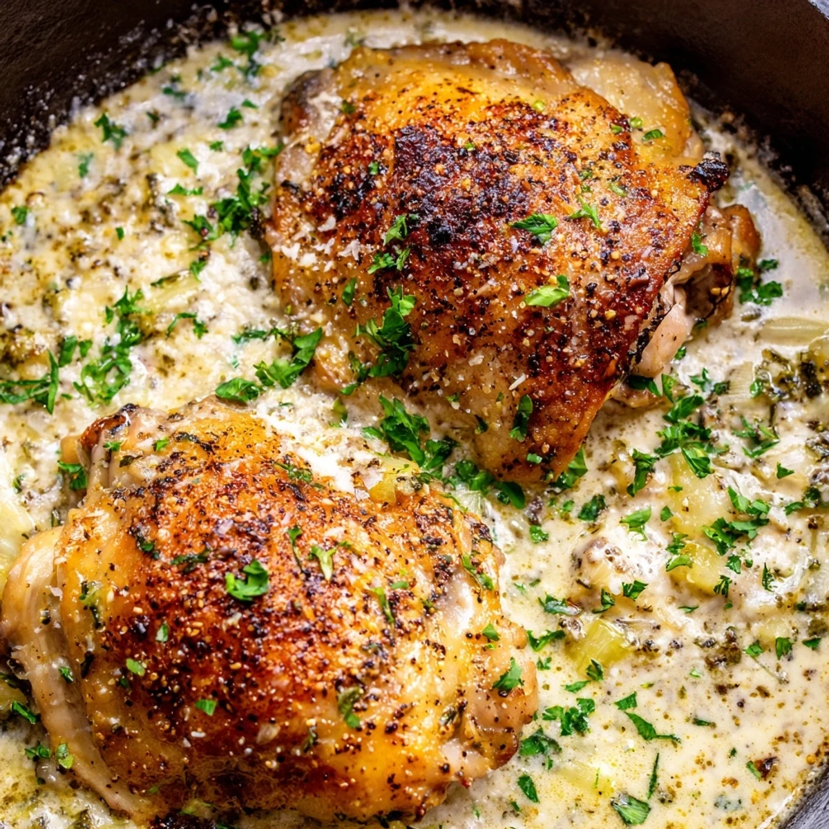Creamy oven baked chicken thighs with herbs served in a bubbling golden skillet