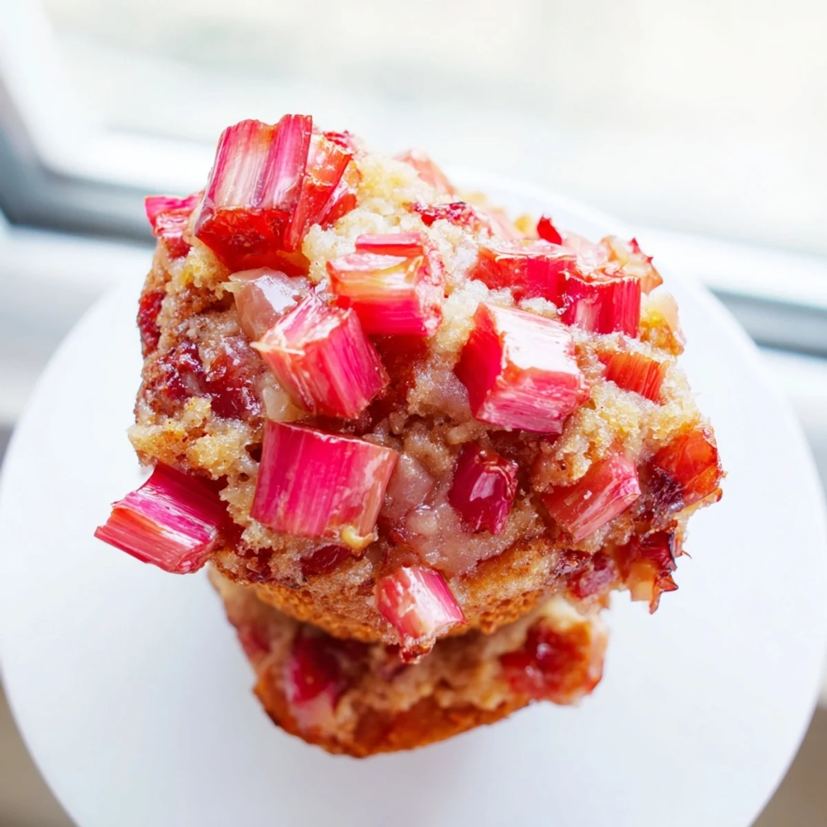 Golden upside down rhubarb muffins with caramelized fruit crowning each tender top