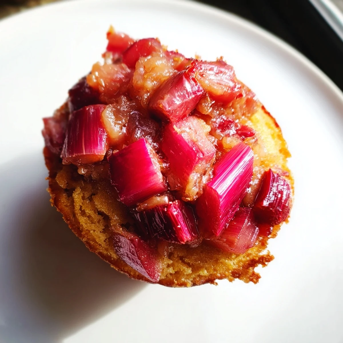 Upside down rhubarb muffins flipped to reveal glossy, sweet-tart pink rhubarb topping