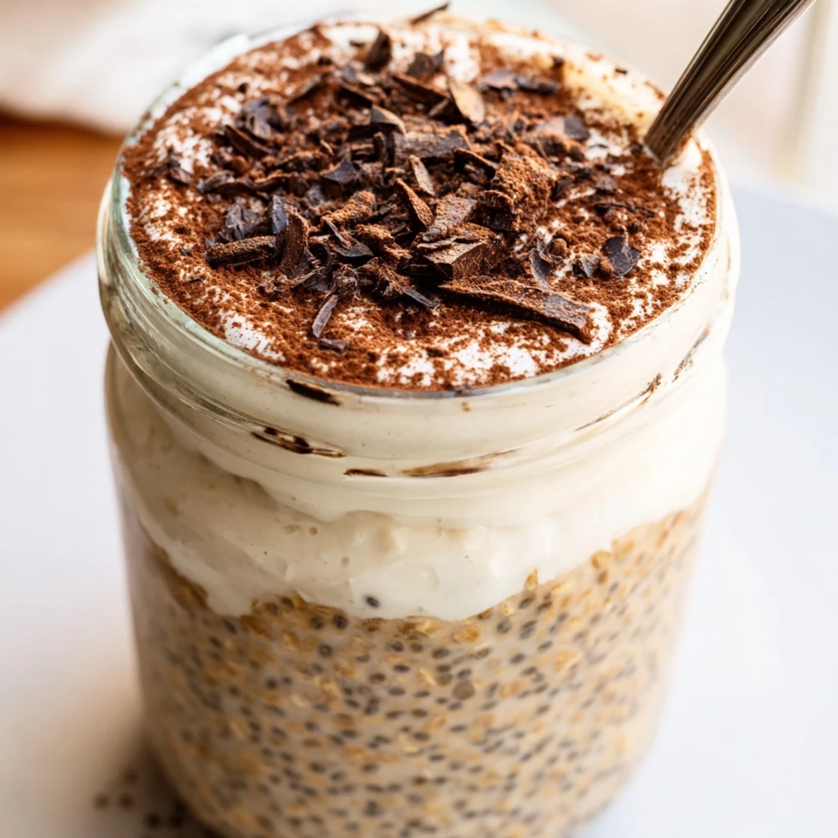 Creamy tiramisu overnight oats layered in a jar topped with cocoa dusting