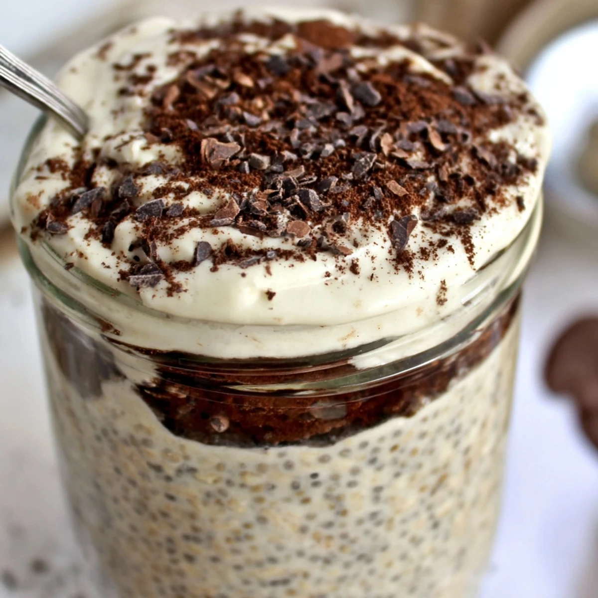 Tiramisu overnight oats served chilled with rich mascarpone and dark chocolate shavings