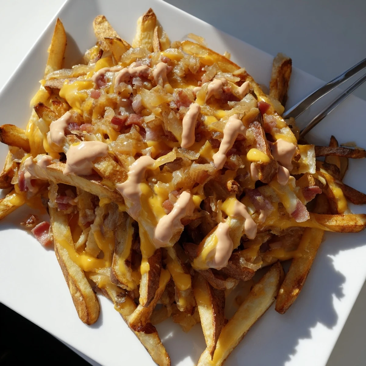 Golden crispy Animal Style fries loaded with melted cheese and tangy sauce
