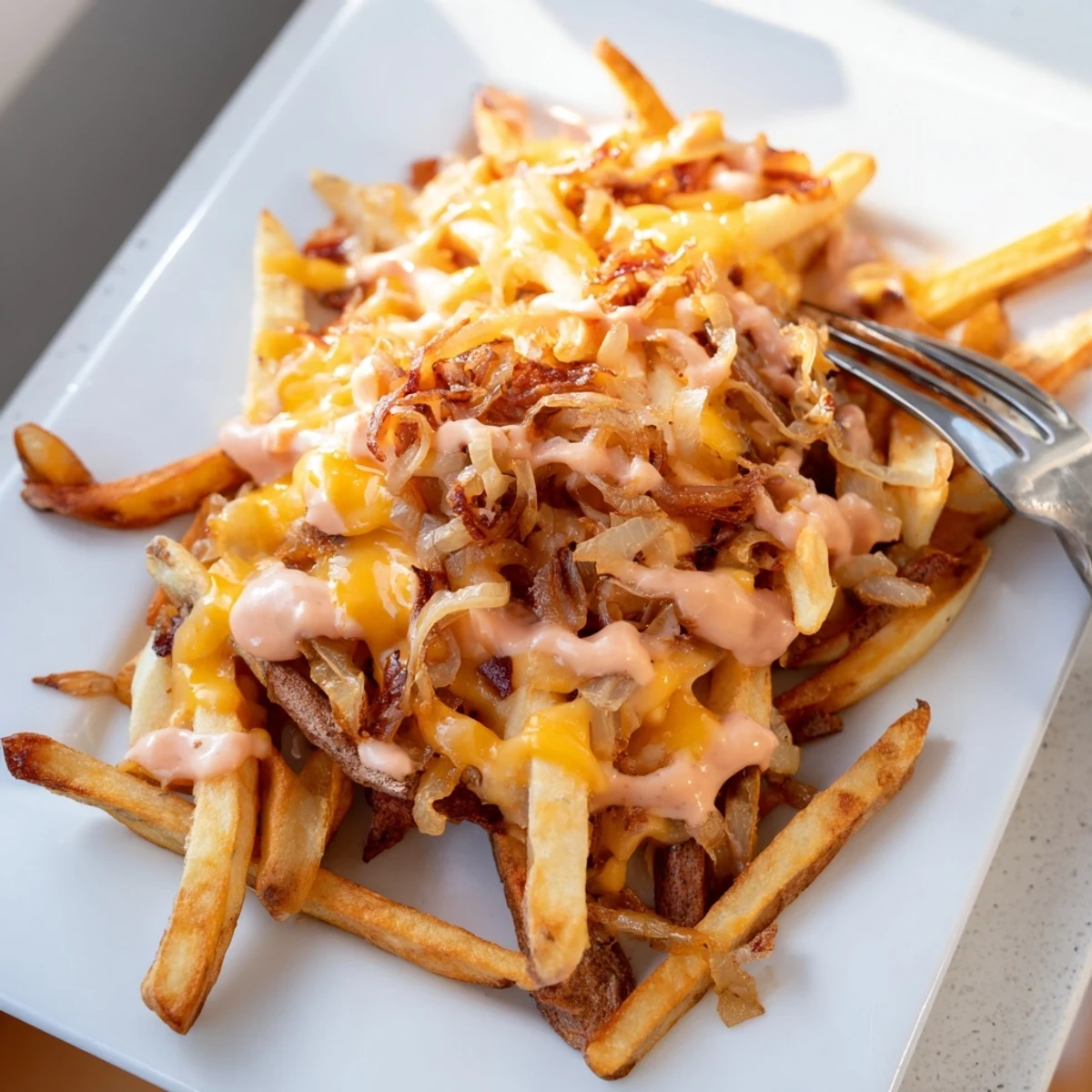 Steaming platter of Animal Style fries with gooey cheese and zesty drizzle