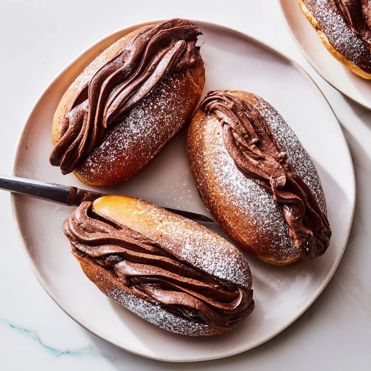 Italian Chocolate Maritozzi split open with billowy dark chocolate whipped cream spilling from soft cocoa buns.