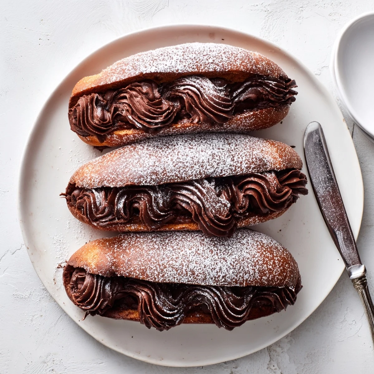 Two Italian Chocolate Maritozzi resting on a ceramic plate, their pillowy cocoa dough generously filled with rich chocolate cream.