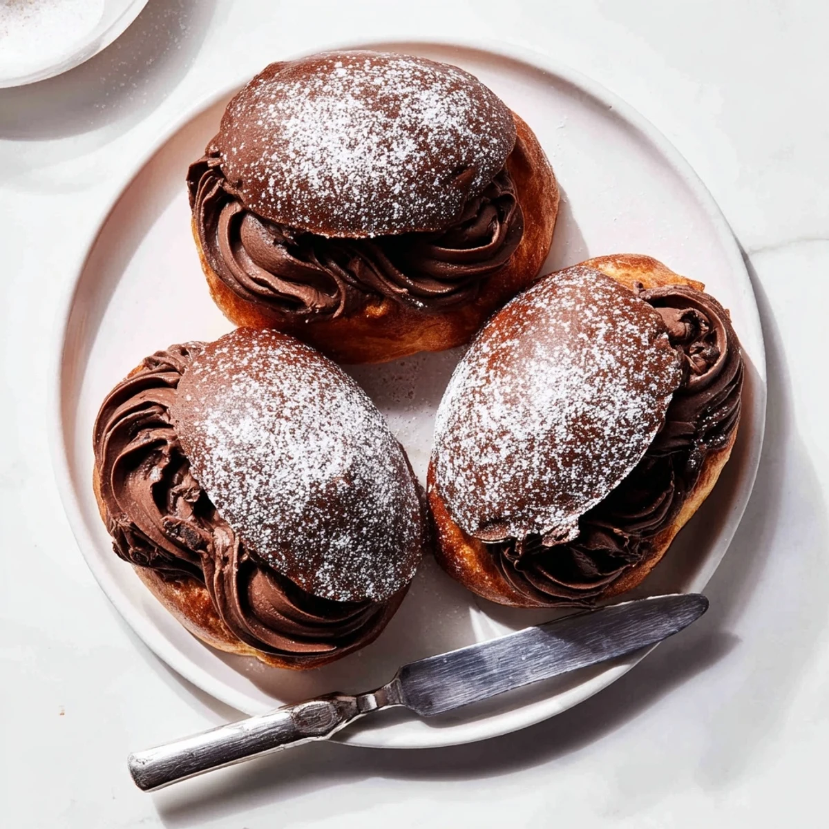 Golden brown Italian Chocolate Maritozzi dusted with powdered sugar on a rustic parchment lined baking sheet.