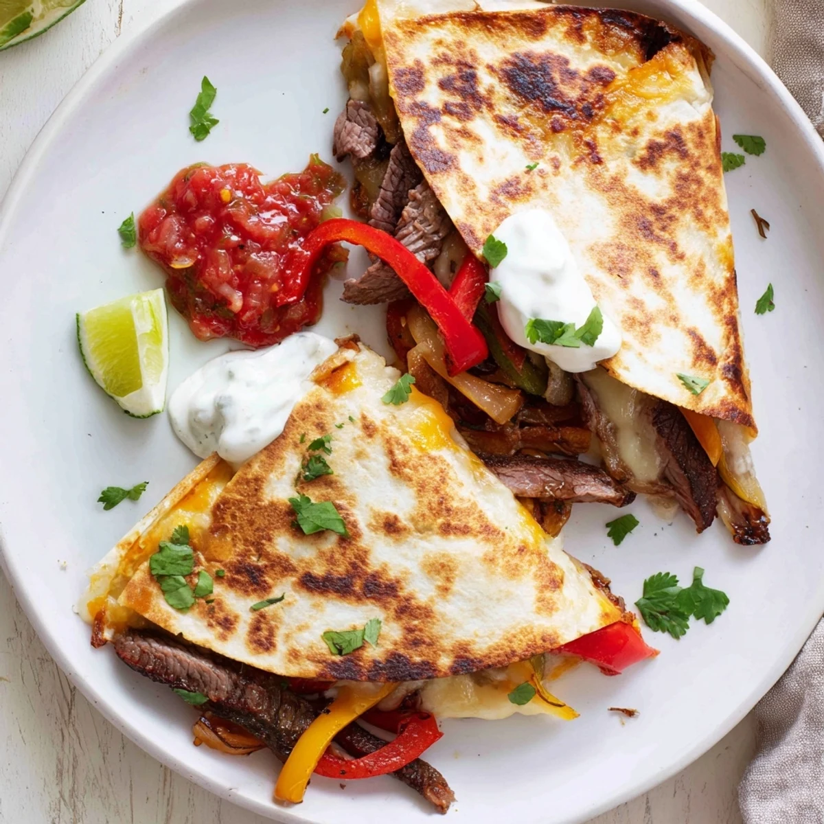 Crispy golden steak quesadillas oozing with melted cheese and colorful sautéed peppers