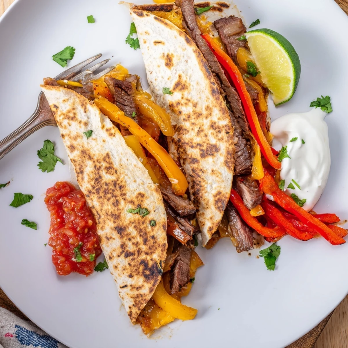 Steak quesadillas cut into wedges garnished with fresh cilantro and lime wedges