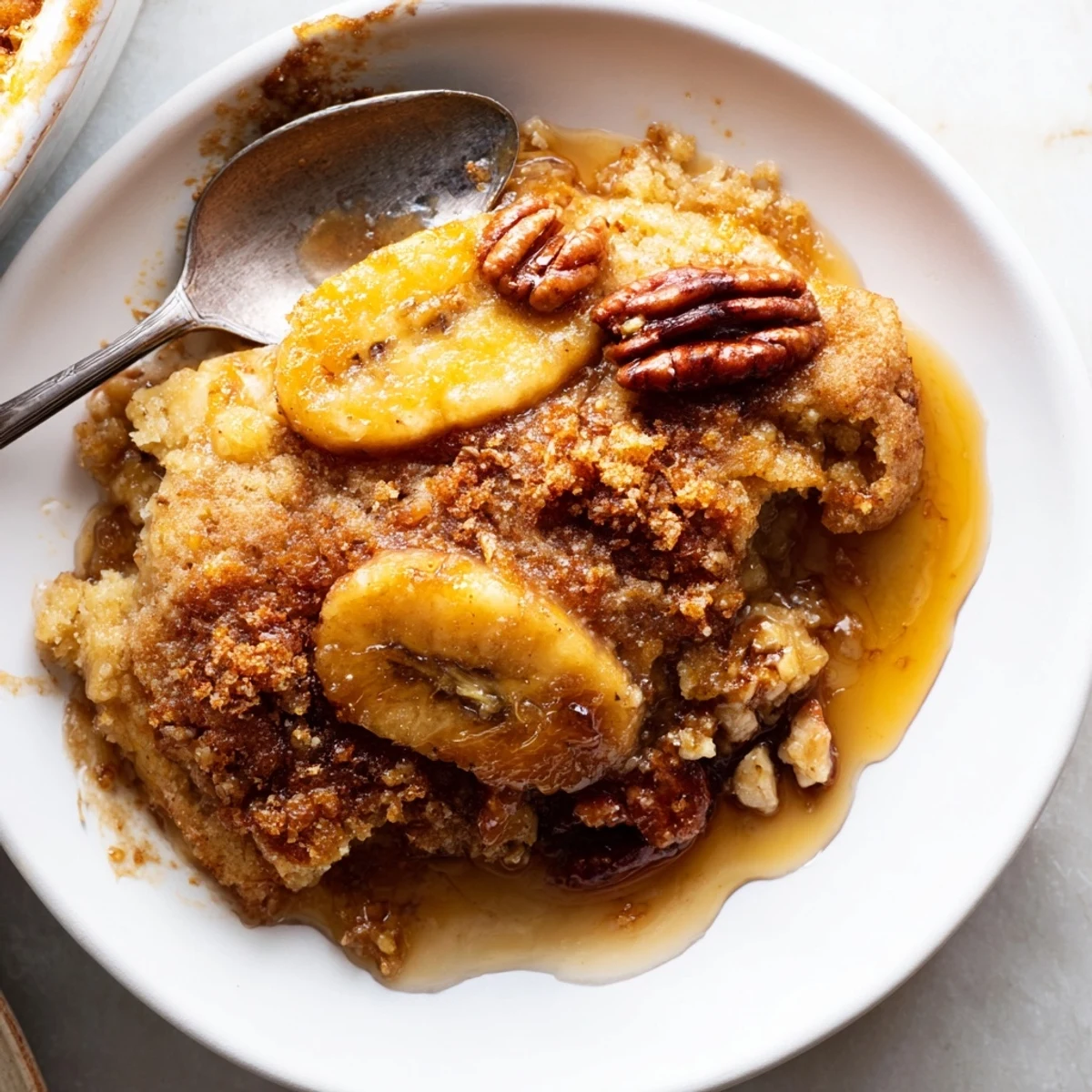 Golden Southern banana cobbler fresh from the oven with bubbling caramelized fruit