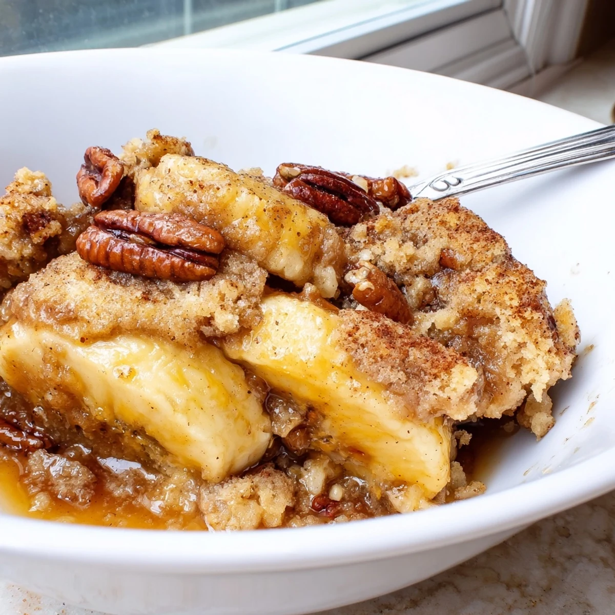 Warm Southern banana cobbler topped with a buttery golden crust and cinnamon