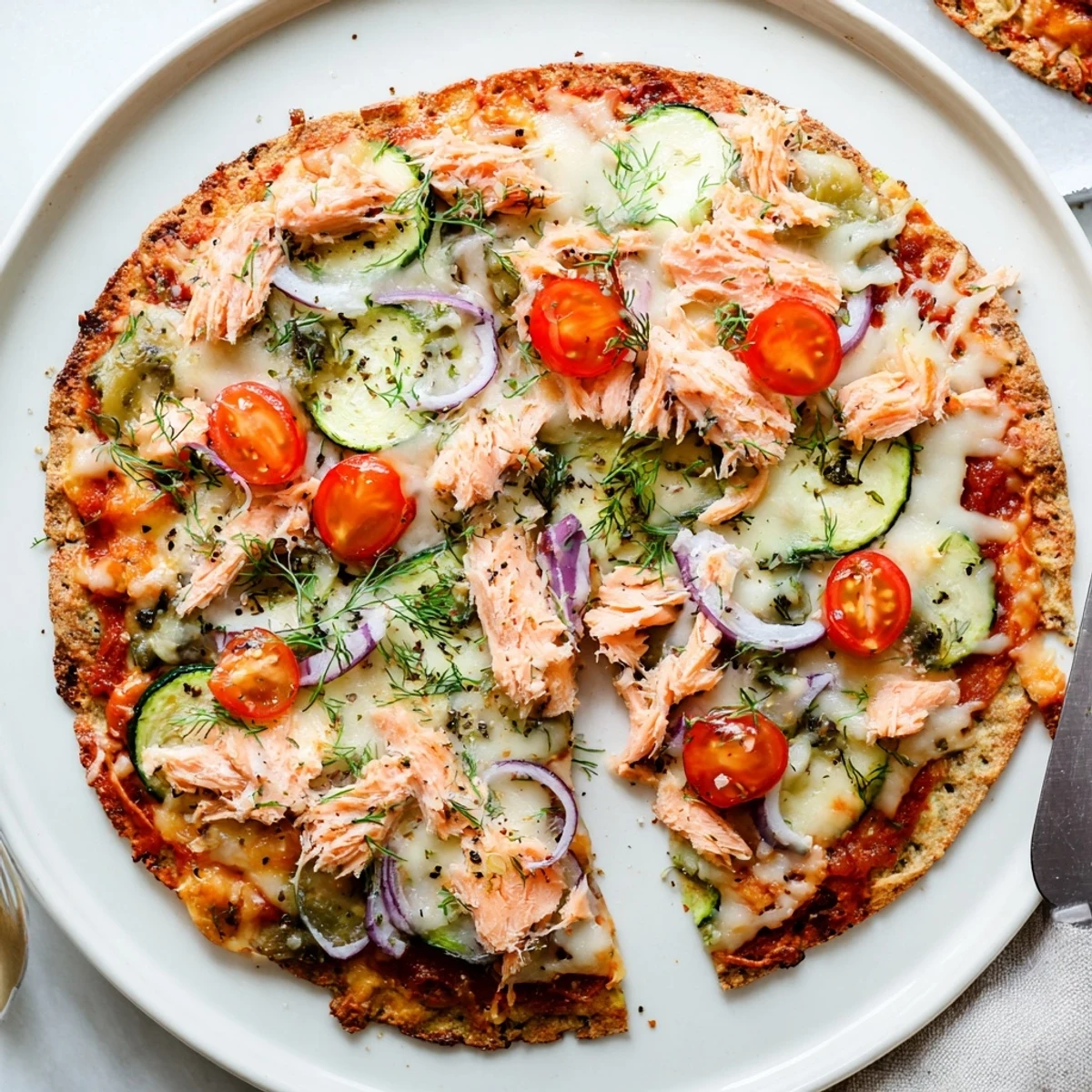 Crispy salmon tortilla pizza with melted mozzarella, fresh dill, and vibrant cherry tomatoes