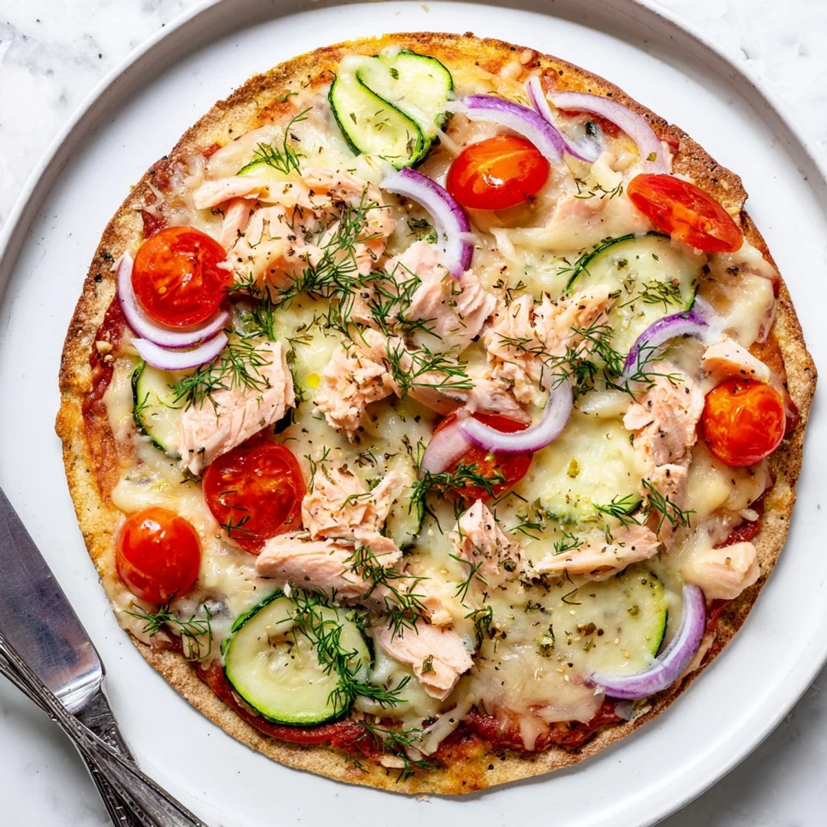 Golden baked leftover salmon tortilla pizza topped with capers, red onion, and bubbling cheese
