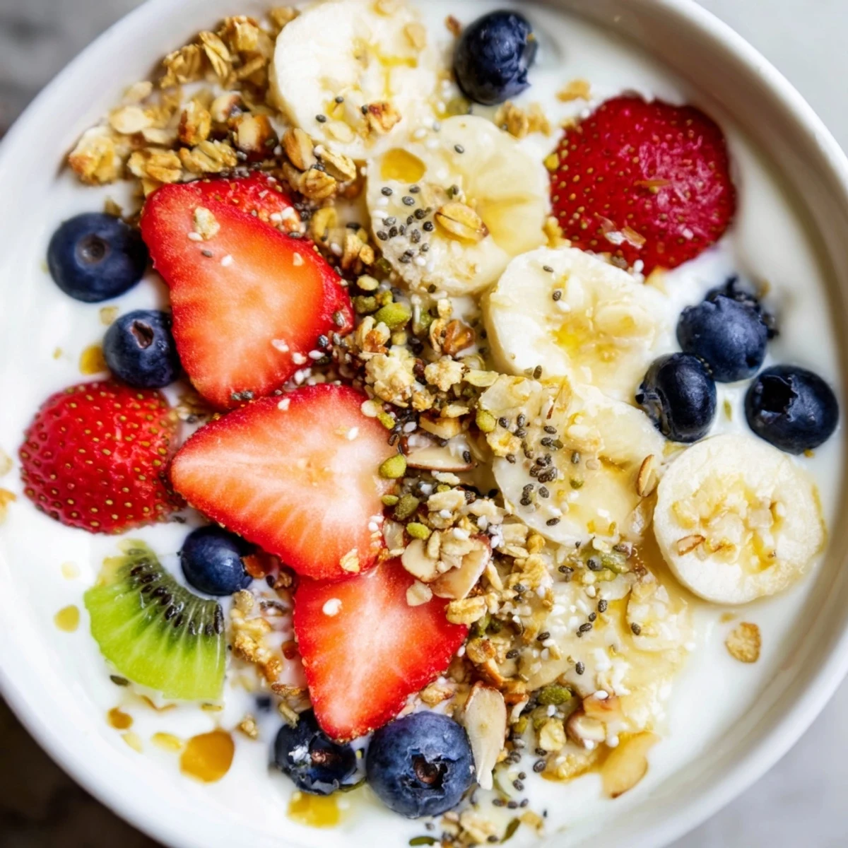 Creamy yogurt fruit bowl topped with fresh strawberries, blueberries, and crunchy granola