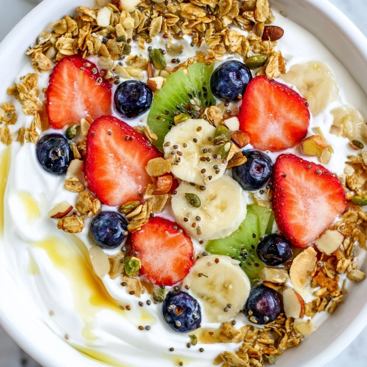 Vibrant yogurt fruit bowl featuring sliced banana, kiwi, and a sprinkle of chia seeds