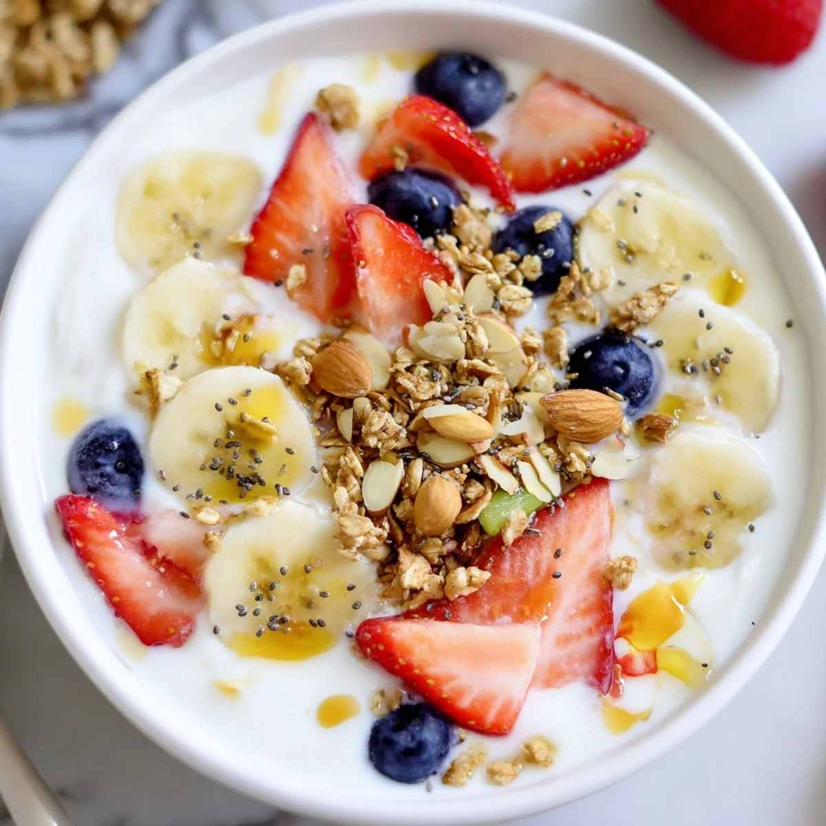 Golden honey-drizzled yogurt fruit bowl loaded with seasonal berries and toasted almond crunch