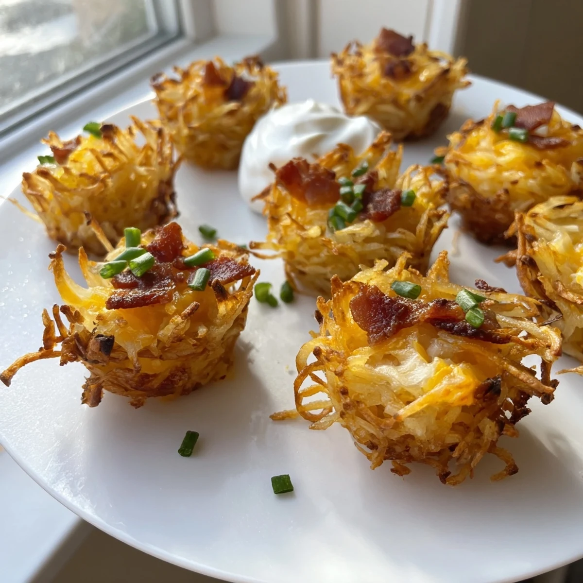 Golden crispy cheesy loaded hashbrown bites topped with bacon and green onions on a platter