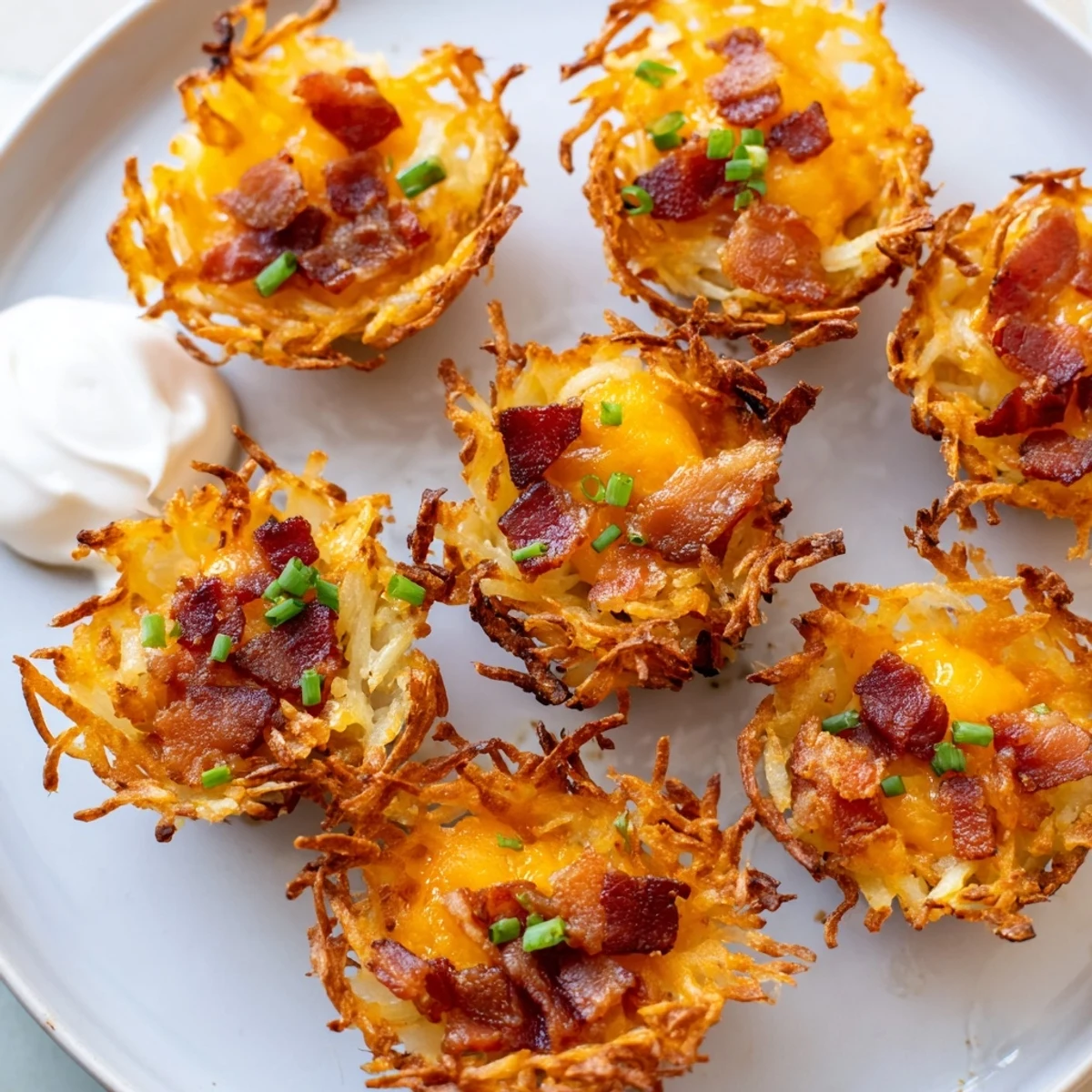 Close-up of cheesy loaded hashbrown bites with melted cheddar oozing from crispy potato edges