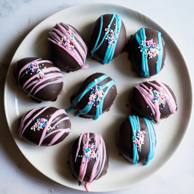 Three handmade Easter Egg Oreo Balls garnished with edible glitter for a festive spring party.  