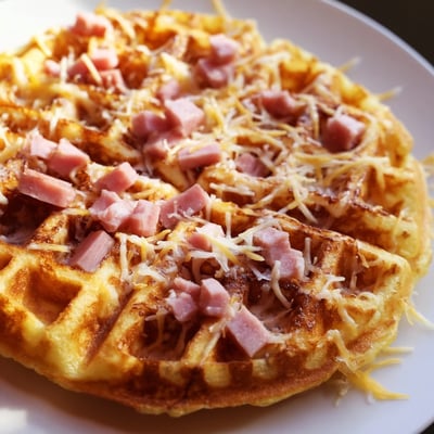 Warm Ham and Cheese Chaffles stacked high, showcasing melted cheddar and savory ham bits perfect for a low-carb snack.