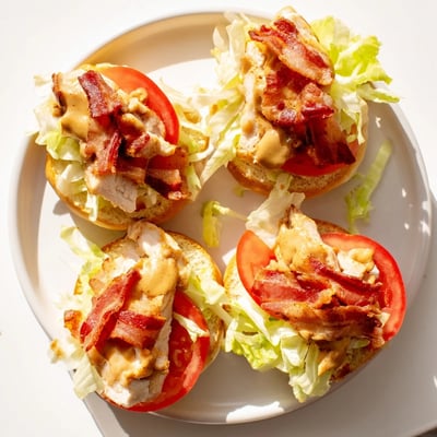 Close-up of Honey Mustard BLT Chicken Sliders with ripe tomato and tangy honey mustard sauce on a soft bun.