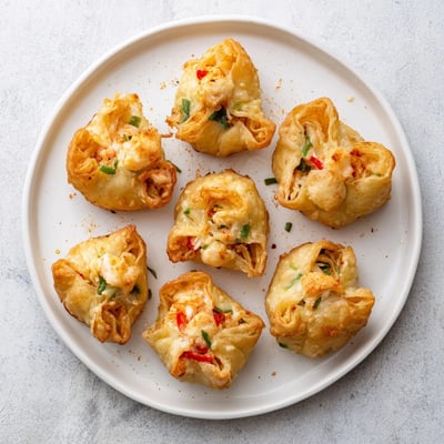 A close-up of Cheesy Seafood Tortilla Bombs garnished with parsley beside a dipping sauce.