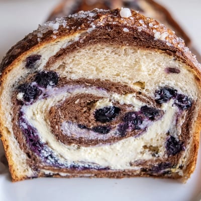Morning sunlight highlights the golden crust of a freshly baked Blueberry Lemon Cream Cheese Sourdough loaf on a wooden board.