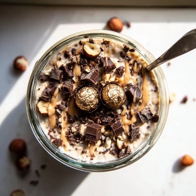 This Ferrero Rocher Protein Overnight Oats recipe offers a decadent, nutty breakfast with Greek yogurt and protein.