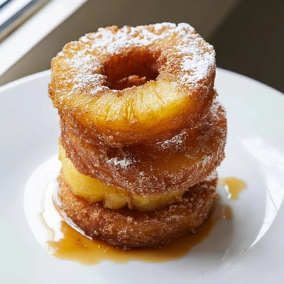 Crispy battered fried pineapple rings drizzled with caramel sauce beside vanilla ice cream