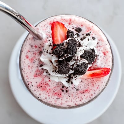 Two glasses of creamy strawberry Oreo milkshake garnished with fresh strawberry slices