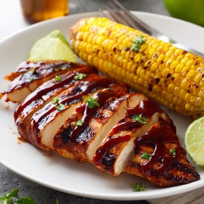 Grilled BBQ Chicken With Corn, charred kernels glistening and lime wedges