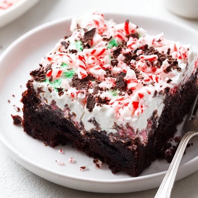 Sliced Peppermint Poke Cake showing minty pudding filling and chocolate shavings