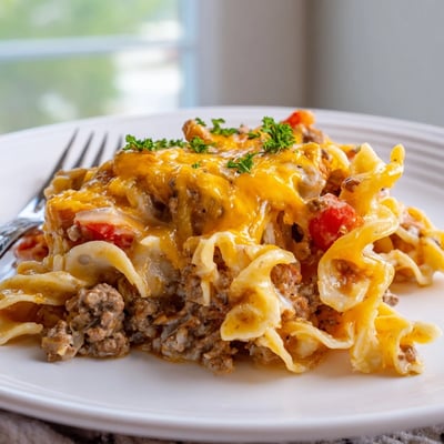 Steaming Beef Noodle Casserole topped with sour cream, perfect for family dinners
