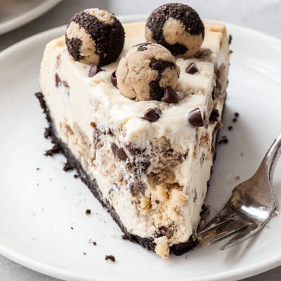 Slice of Chocolate Chip Cookie Dough Cheesecake on plate, cookie crust visible