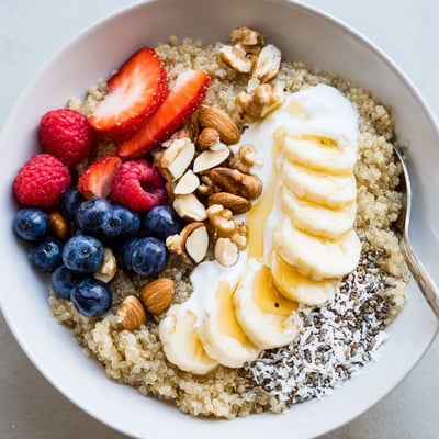 Warm Quinoa Breakfast Bowl topped with sliced banana, honey drizzle, toasted coconut