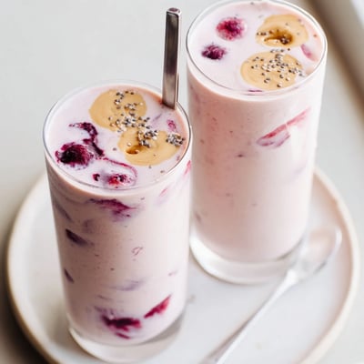 A refreshing High Protein Smoothie with banana and peanut butter swirl