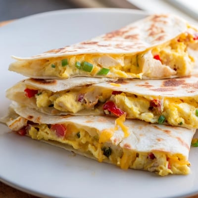 Sliced Chicken Breakfast Quesadilla resting on plate, avocado and salsa optional