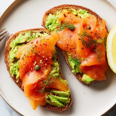 Open-faced Salmon Avocado Toast garnished with dill, capers, lemon wedge.