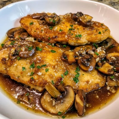 Creamy dairy-free chicken marsala served in a skillet with sautéed cremini mushrooms and parsley