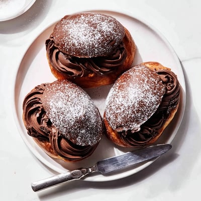 Golden brown Italian Chocolate Maritozzi dusted with powdered sugar on a rustic parchment lined baking sheet.